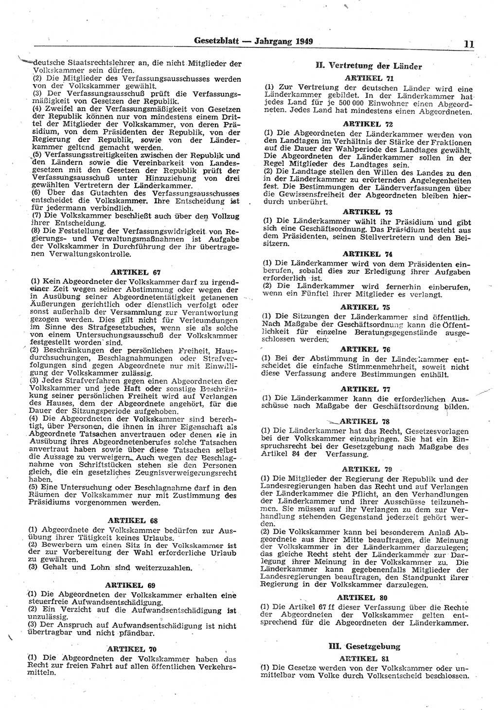 Gesetzblatt (GBl.) der Deutschen Demokratischen Republik (DDR) 1949, Seite 11 (GBl. DDR 1949, S. 11)
