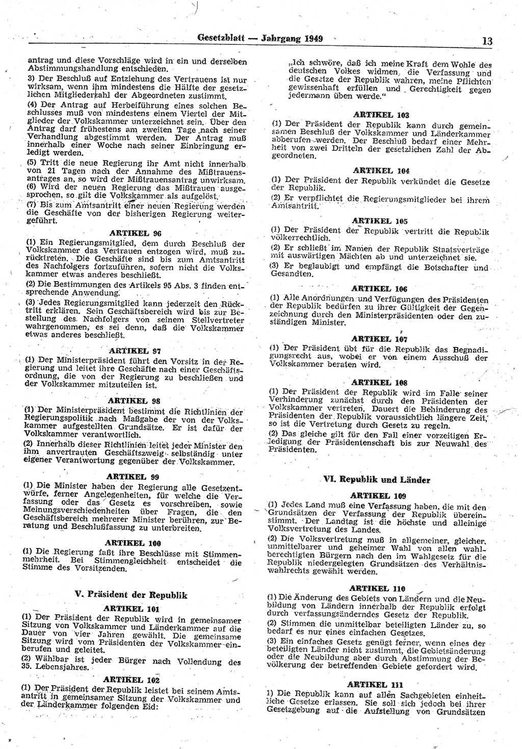 Gesetzblatt (GBl.) der Deutschen Demokratischen Republik (DDR) 1949, Seite 13 (GBl. DDR 1949, S. 13)