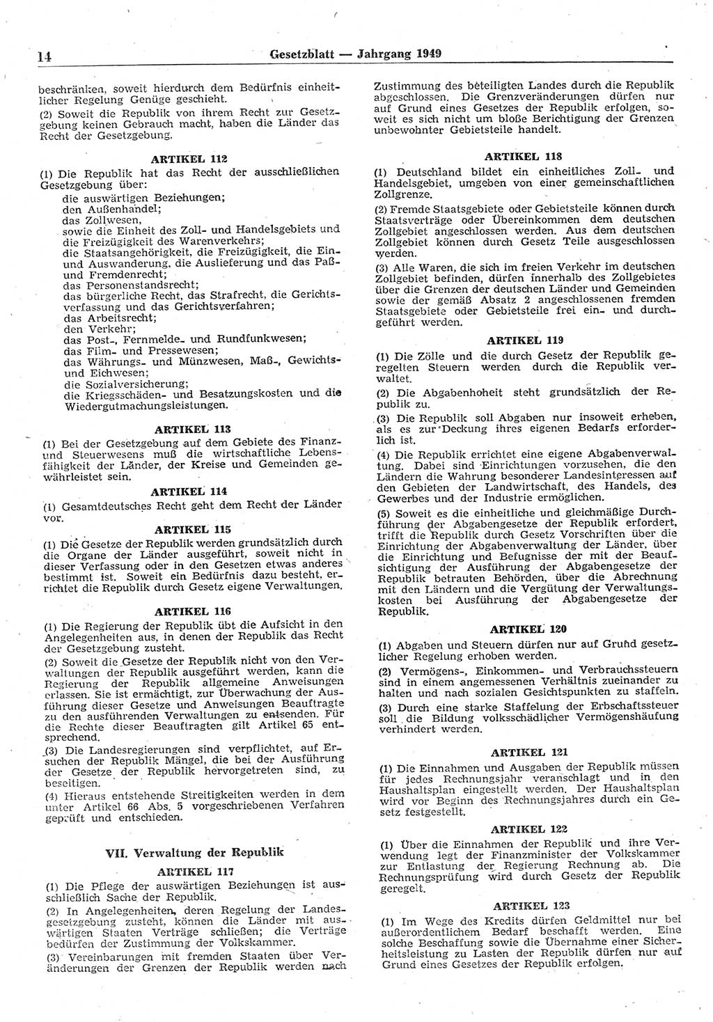 Gesetzblatt (GBl.) der Deutschen Demokratischen Republik (DDR) 1949, Seite 14 (GBl. DDR 1949, S. 14)
