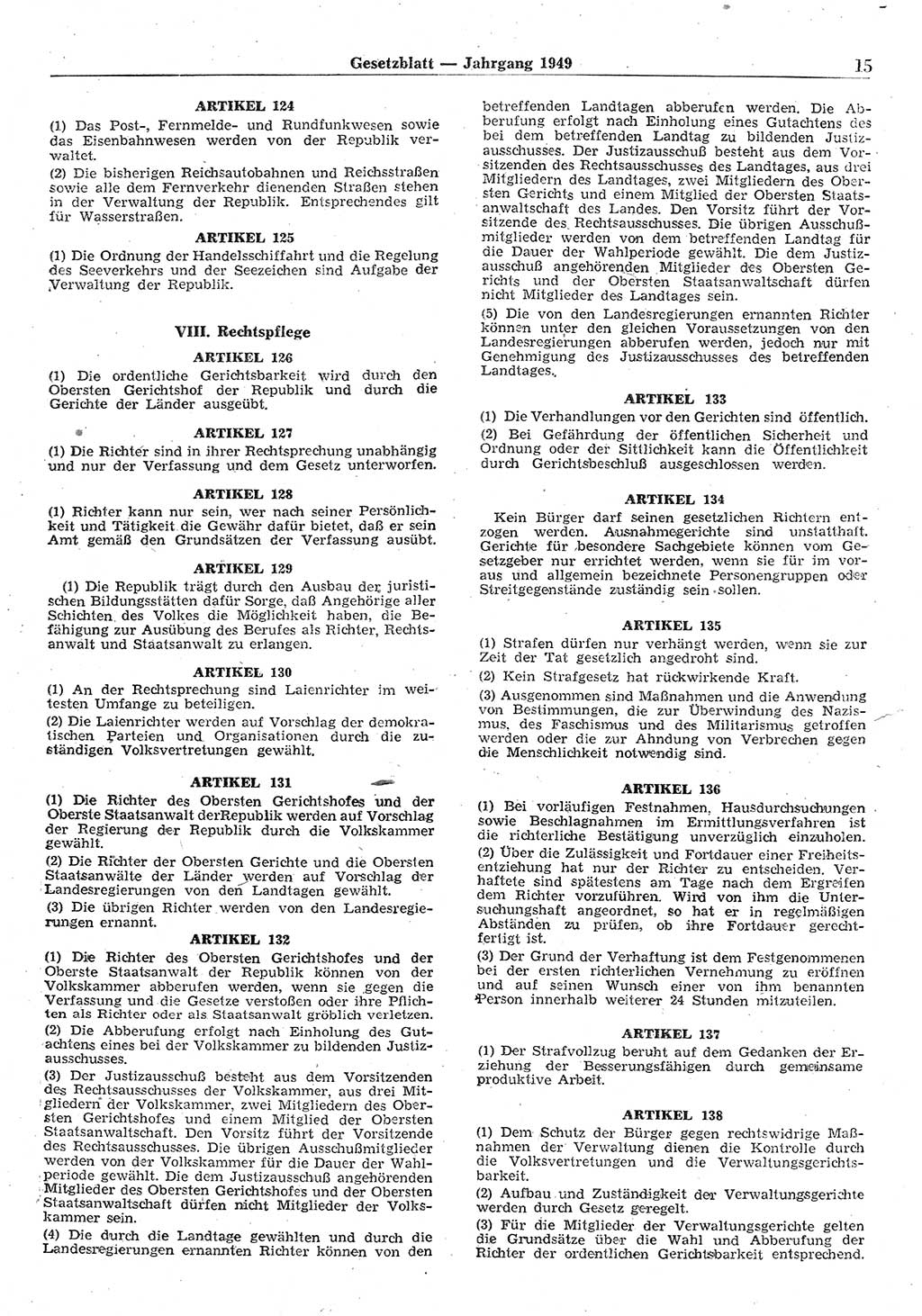 Gesetzblatt (GBl.) der Deutschen Demokratischen Republik (DDR) 1949, Seite 15 (GBl. DDR 1949, S. 15)