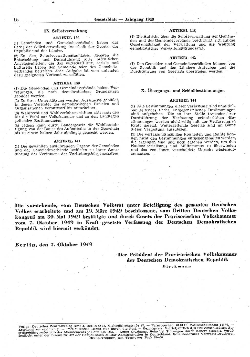 Gesetzblatt (GBl.) der Deutschen Demokratischen Republik (DDR) 1949, Seite 16 (GBl. DDR 1949, S. 16)