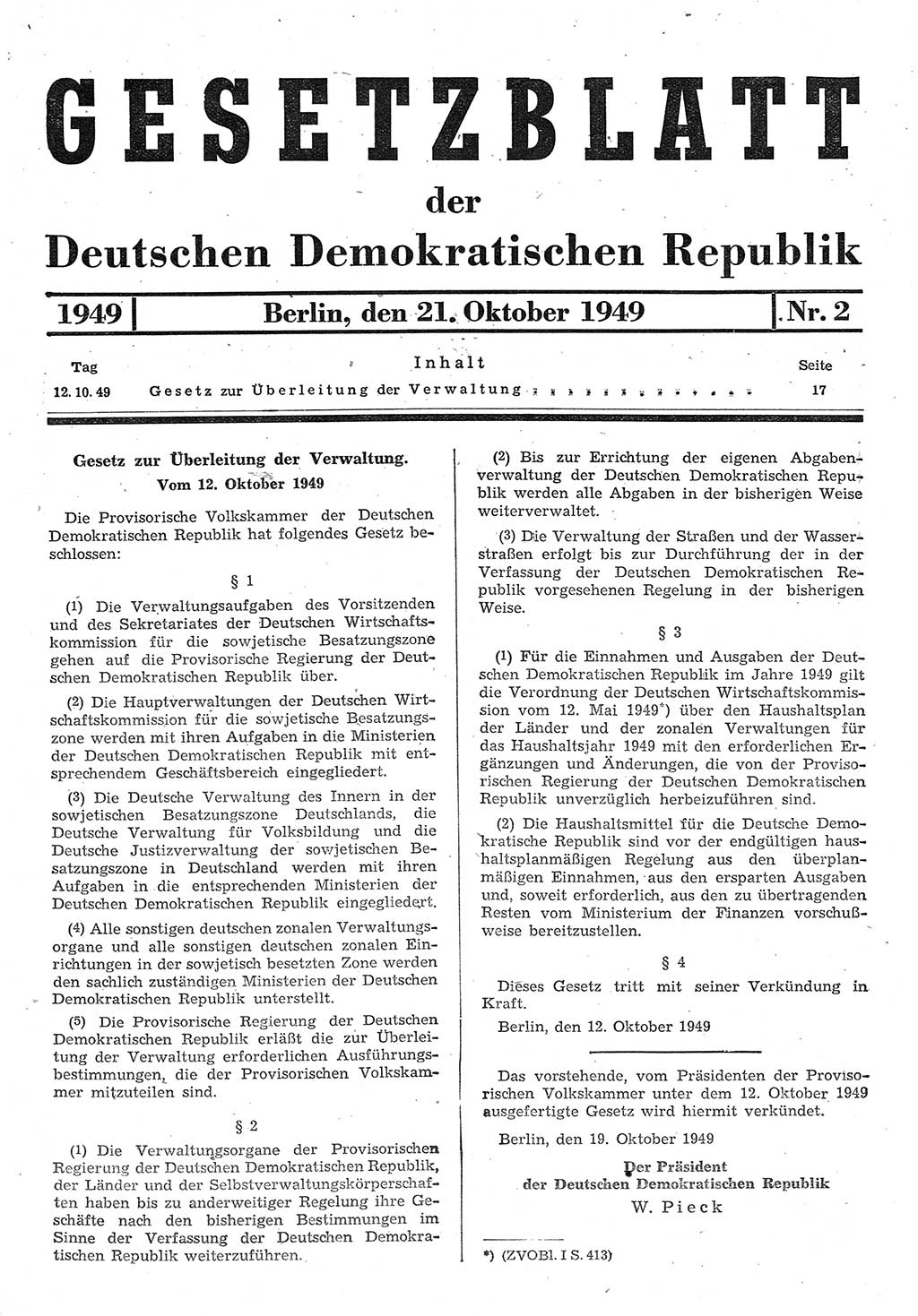 Gesetzblatt (GBl.) der Deutschen Demokratischen Republik (DDR) 1949, Seite 17 (GBl. DDR 1949, S. 17)