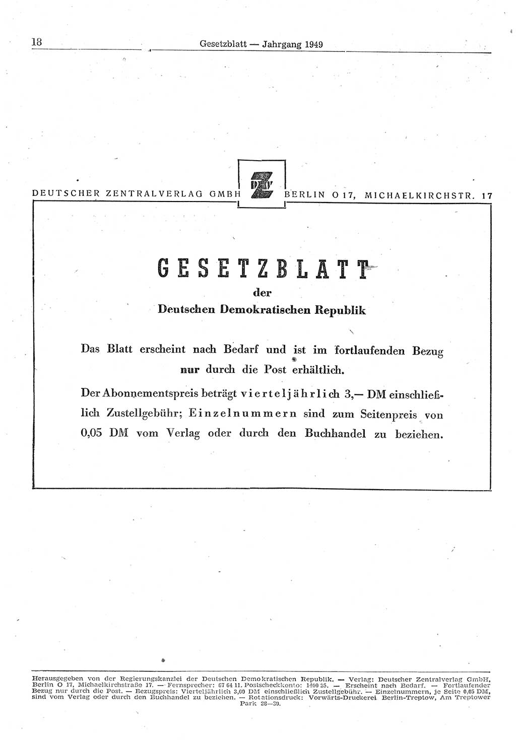 Gesetzblatt (GBl.) der Deutschen Demokratischen Republik (DDR) 1949, Seite 18 (GBl. DDR 1949, S. 18)