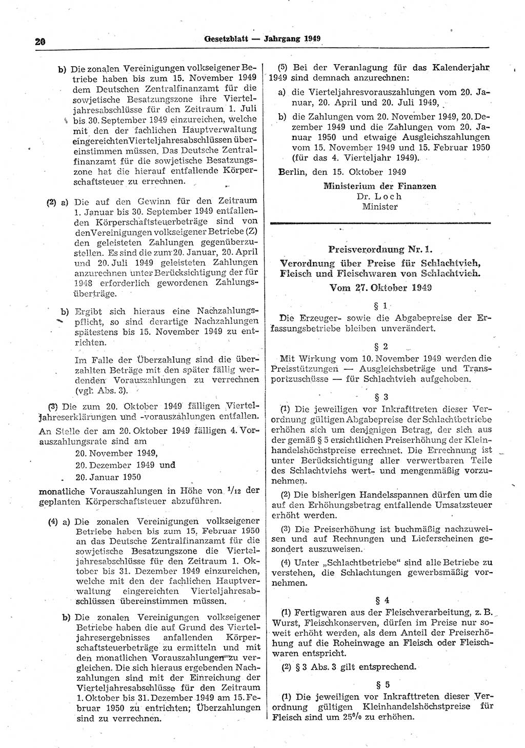 Gesetzblatt (GBl.) der Deutschen Demokratischen Republik (DDR) 1949, Seite 20 (GBl. DDR 1949, S. 20)