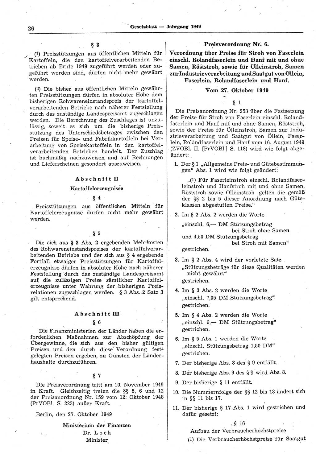 Gesetzblatt (GBl.) der Deutschen Demokratischen Republik (DDR) 1949, Seite 26 (GBl. DDR 1949, S. 26)