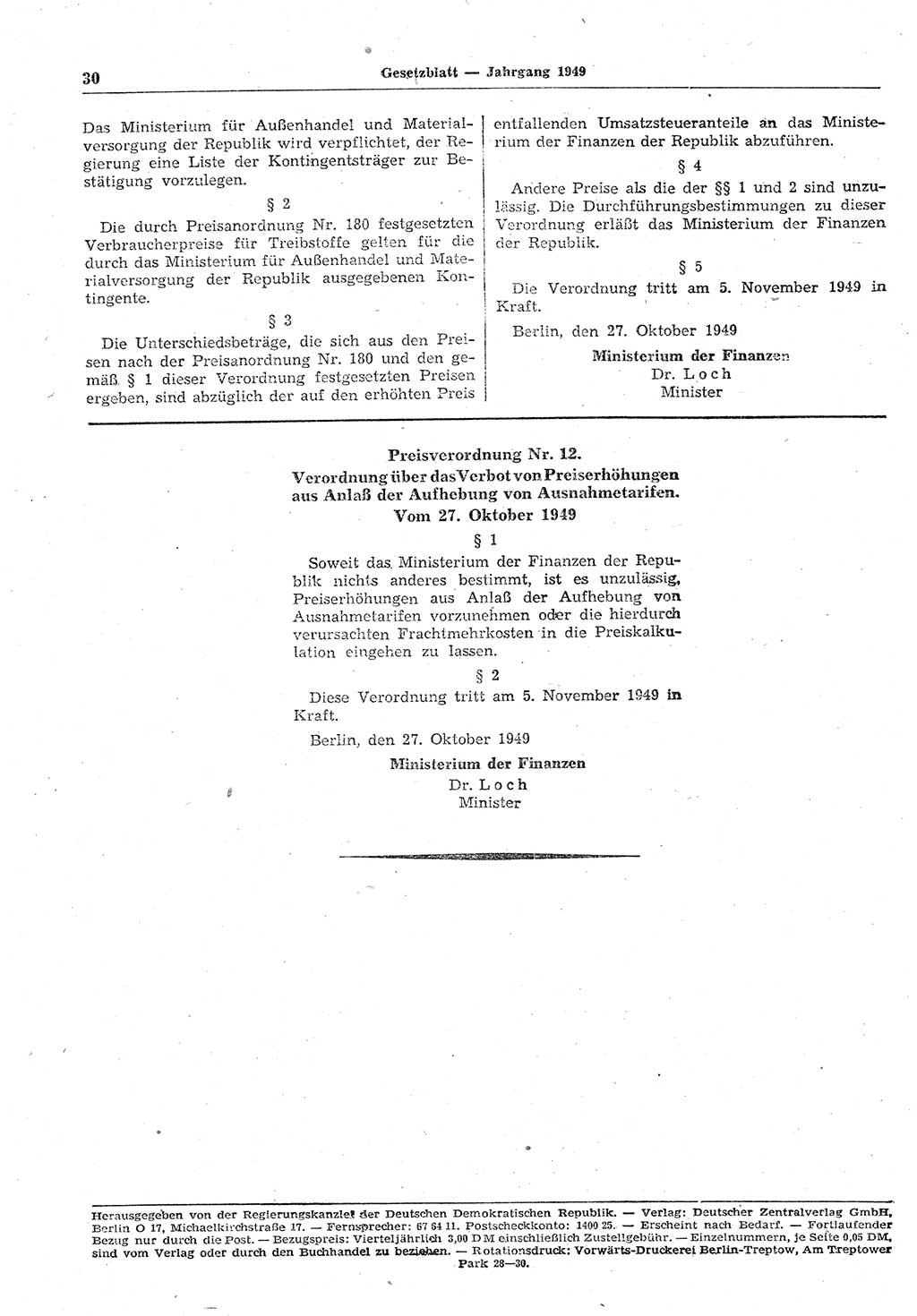 Gesetzblatt (GBl.) der Deutschen Demokratischen Republik (DDR) 1949, Seite 30 (GBl. DDR 1949, S. 30)
