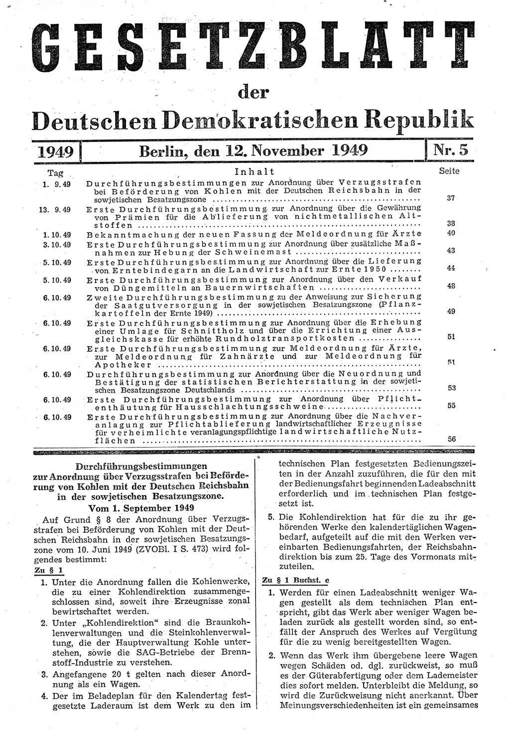 Gesetzblatt (GBl.) der Deutschen Demokratischen Republik (DDR) 1949, Seite 37 (GBl. DDR 1949, S. 37)