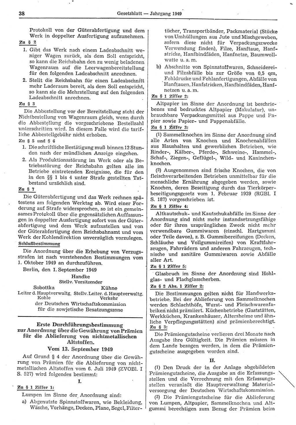 Gesetzblatt (GBl.) der Deutschen Demokratischen Republik (DDR) 1949, Seite 38 (GBl. DDR 1949, S. 38)