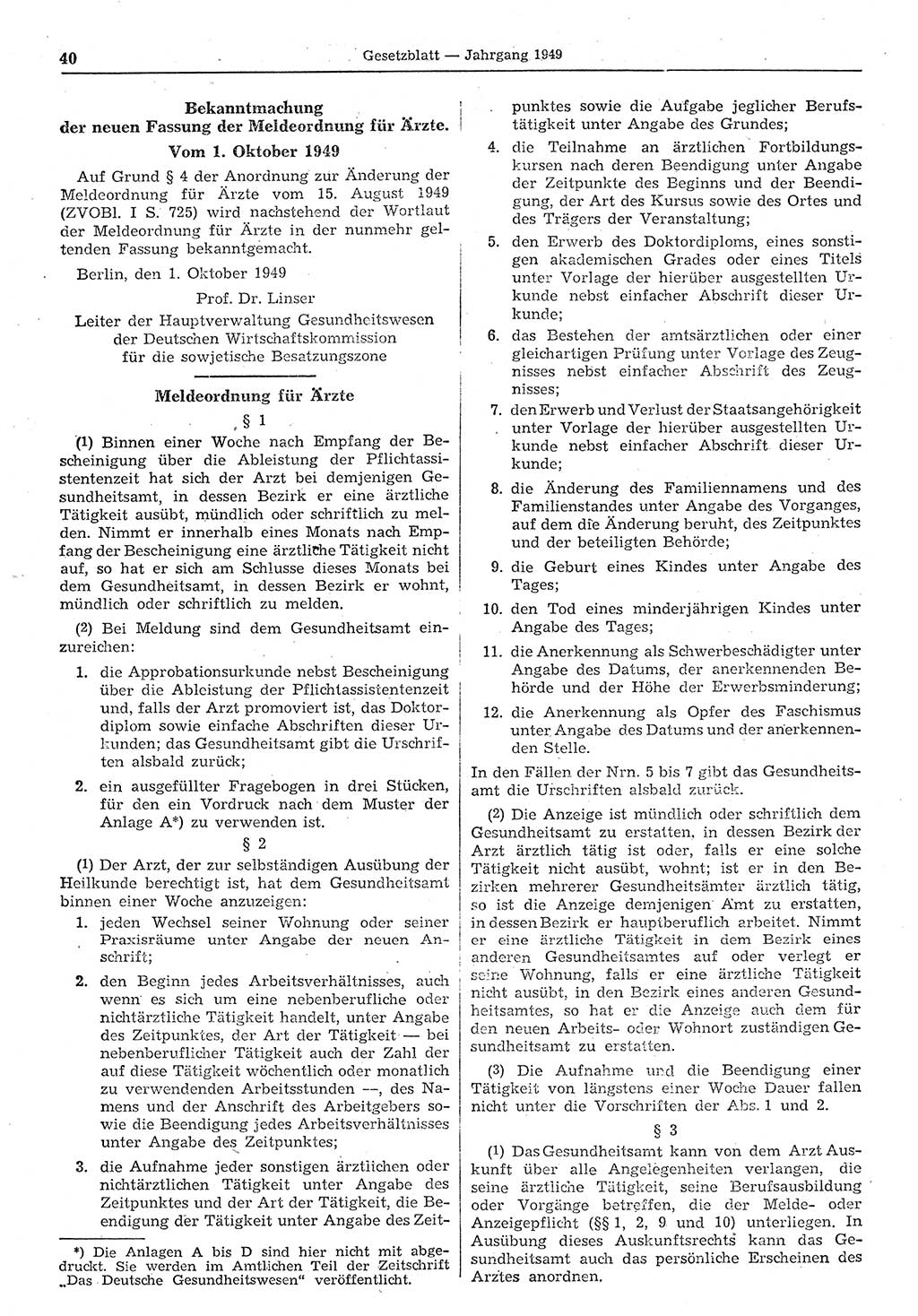 Gesetzblatt (GBl.) der Deutschen Demokratischen Republik (DDR) 1949, Seite 40 (GBl. DDR 1949, S. 40)