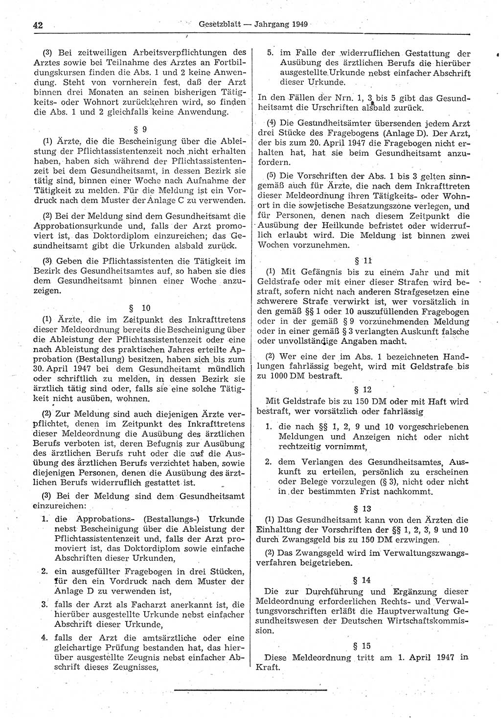 Gesetzblatt (GBl.) der Deutschen Demokratischen Republik (DDR) 1949, Seite 42 (GBl. DDR 1949, S. 42)