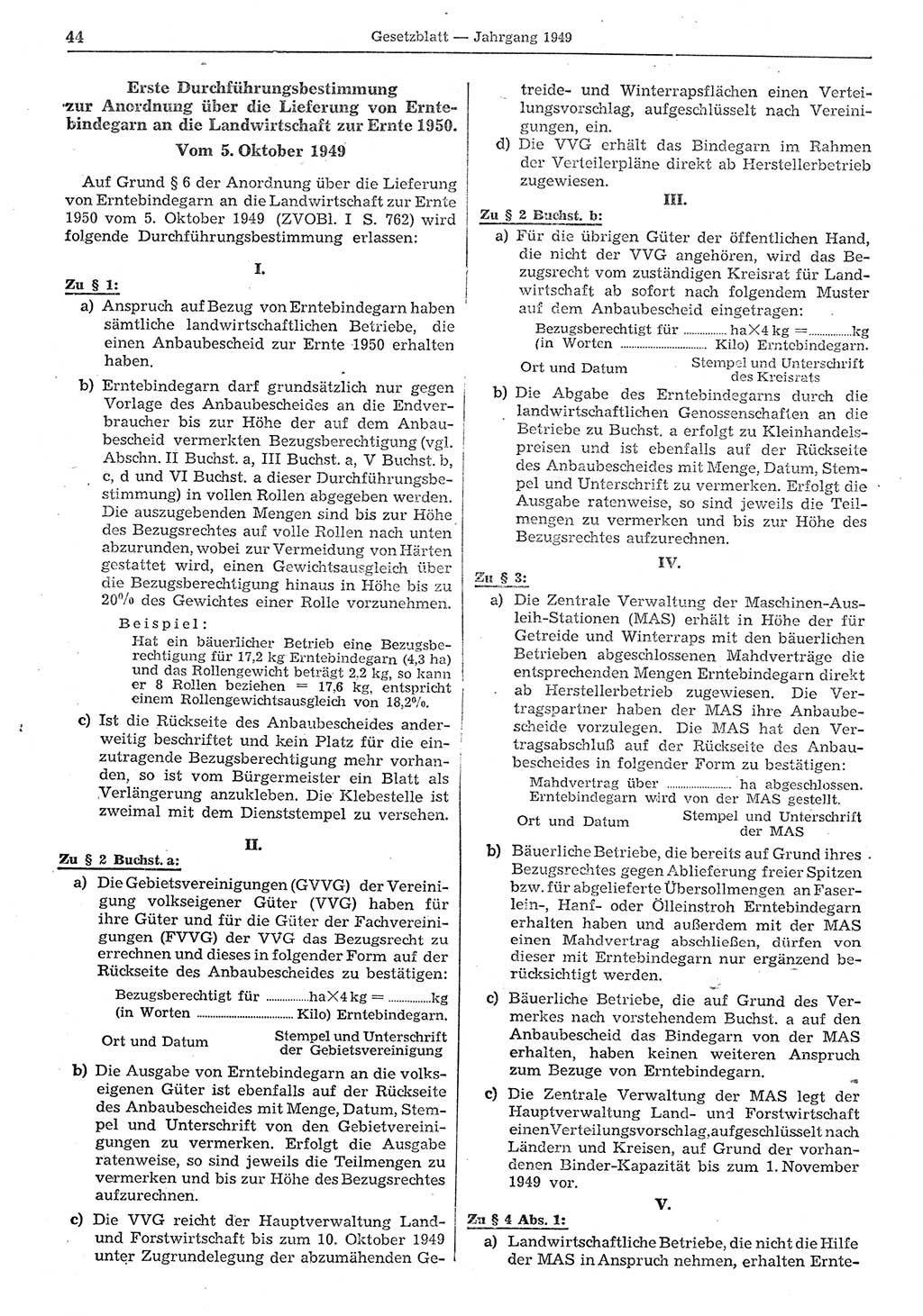 Gesetzblatt (GBl.) der Deutschen Demokratischen Republik (DDR) 1949, Seite 44 (GBl. DDR 1949, S. 44)