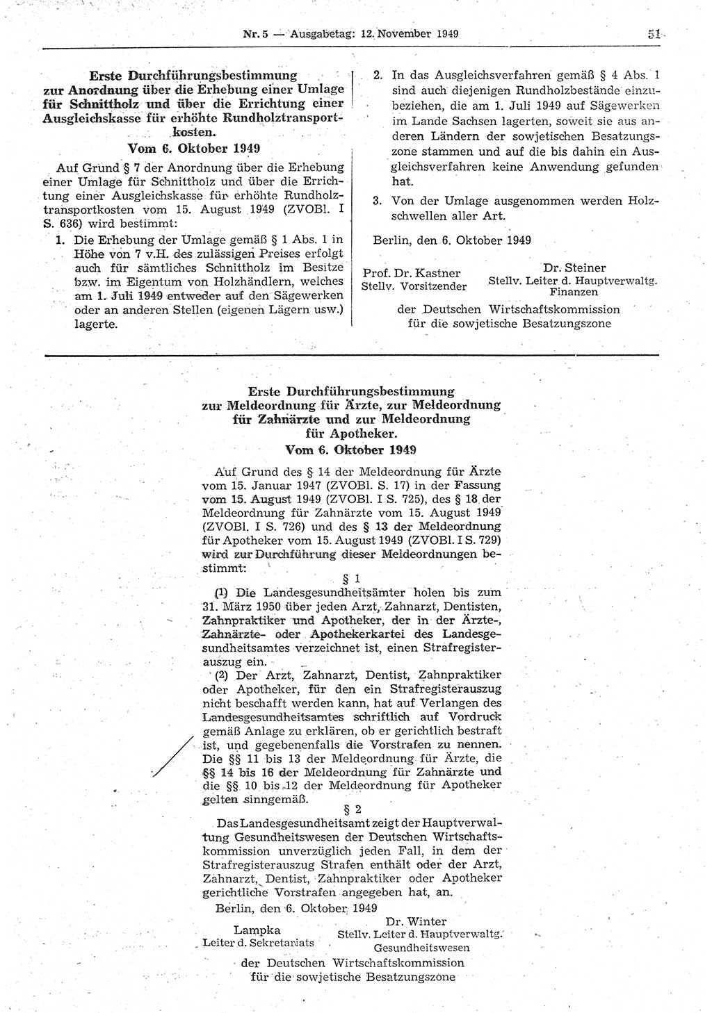 Gesetzblatt (GBl.) der Deutschen Demokratischen Republik (DDR) 1949, Seite 51 (GBl. DDR 1949, S. 51)