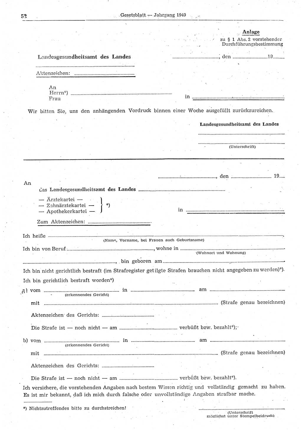Gesetzblatt (GBl.) der Deutschen Demokratischen Republik (DDR) 1949, Seite 52 (GBl. DDR 1949, S. 52)
