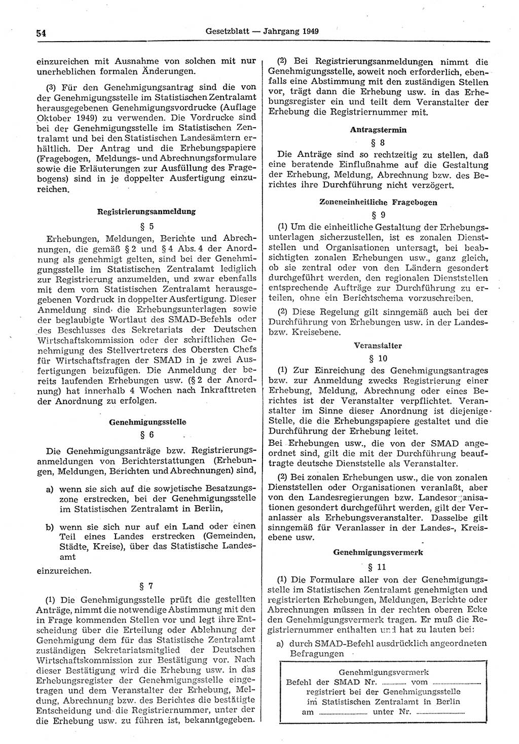 Gesetzblatt (GBl.) der Deutschen Demokratischen Republik (DDR) 1949, Seite 54 (GBl. DDR 1949, S. 54)