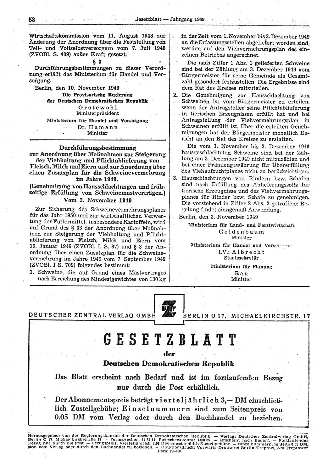 Gesetzblatt (GBl.) der Deutschen Demokratischen Republik (DDR) 1949, Seite 58 (GBl. DDR 1949, S. 58)