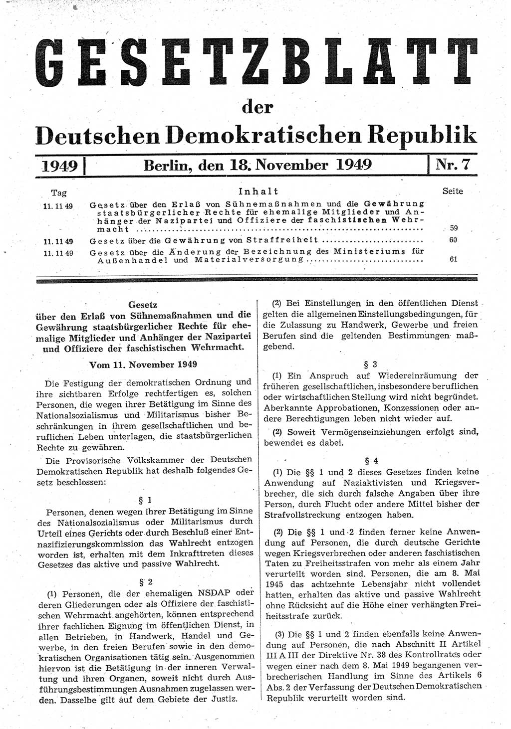 Gesetzblatt (GBl.) der Deutschen Demokratischen Republik (DDR) 1949, Seite 59 (GBl. DDR 1949, S. 59)