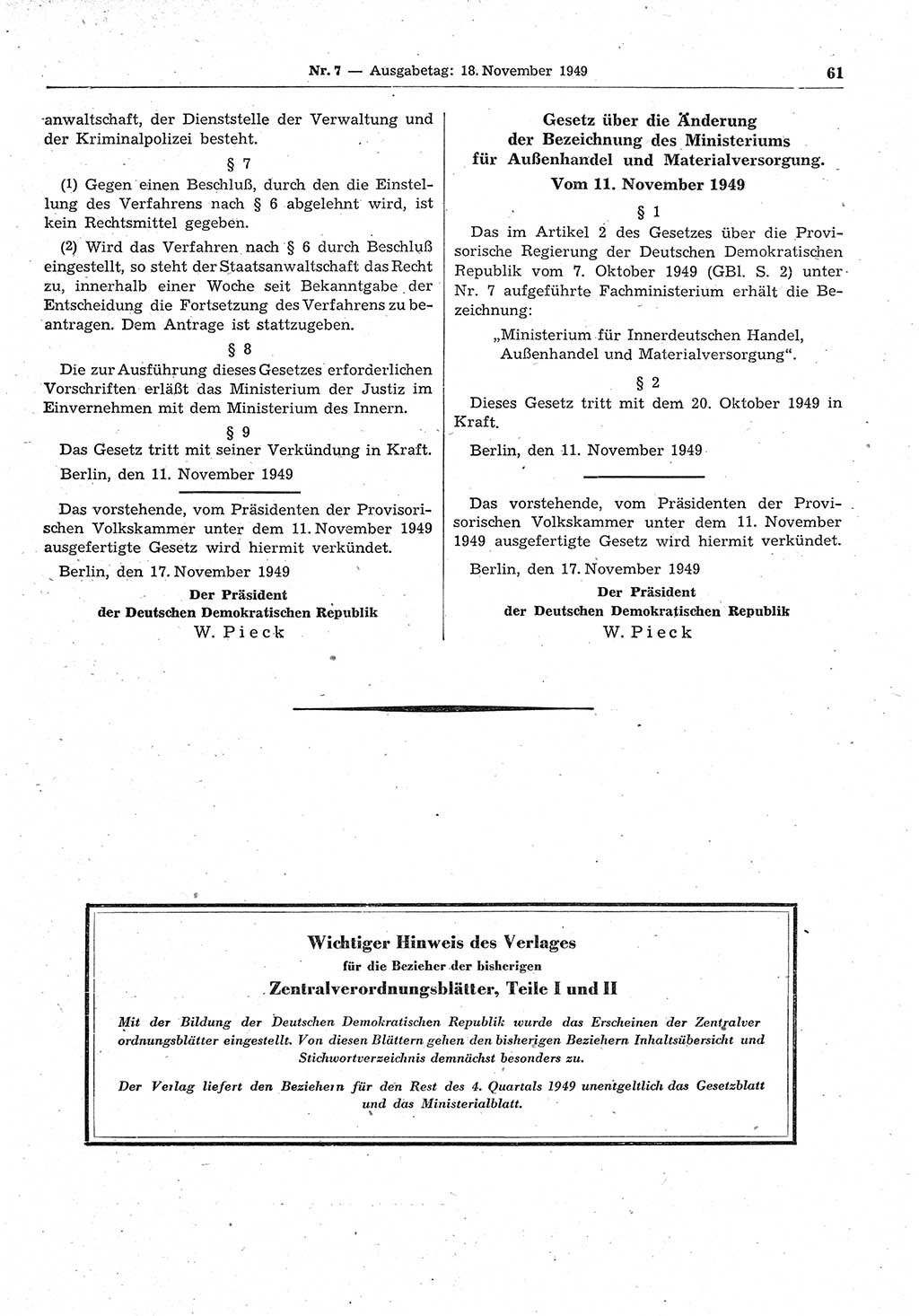 Gesetzblatt (GBl.) der Deutschen Demokratischen Republik (DDR) 1949, Seite 61 (GBl. DDR 1949, S. 61)