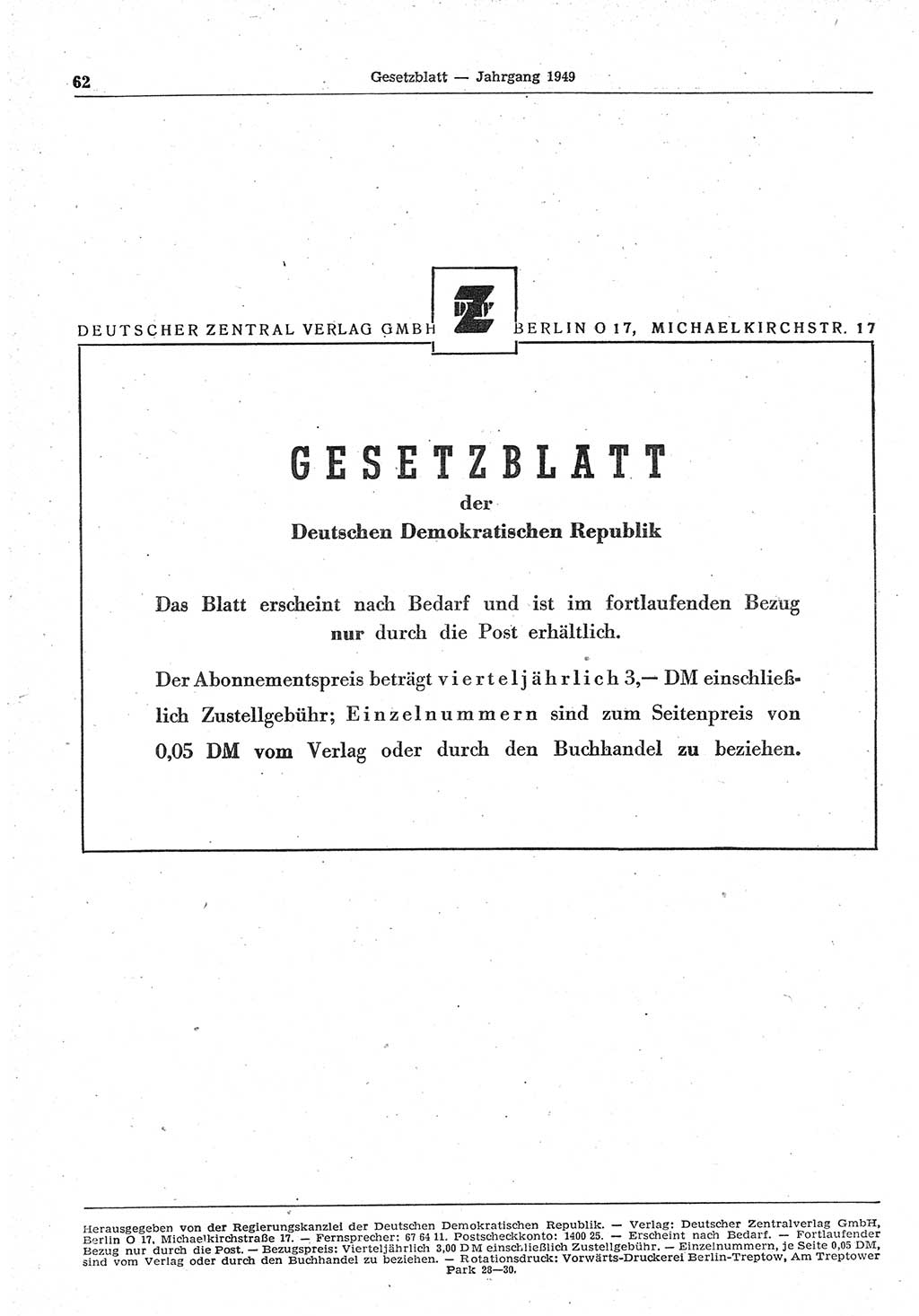 Gesetzblatt (GBl.) der Deutschen Demokratischen Republik (DDR) 1949, Seite 62 (GBl. DDR 1949, S. 62)