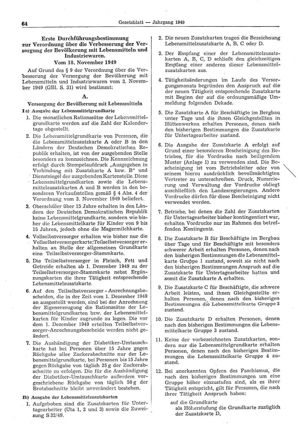 Gesetzblatt (GBl.) der Deutschen Demokratischen Republik (DDR) 1949, Seite 64 (GBl. DDR 1949, S. 64)