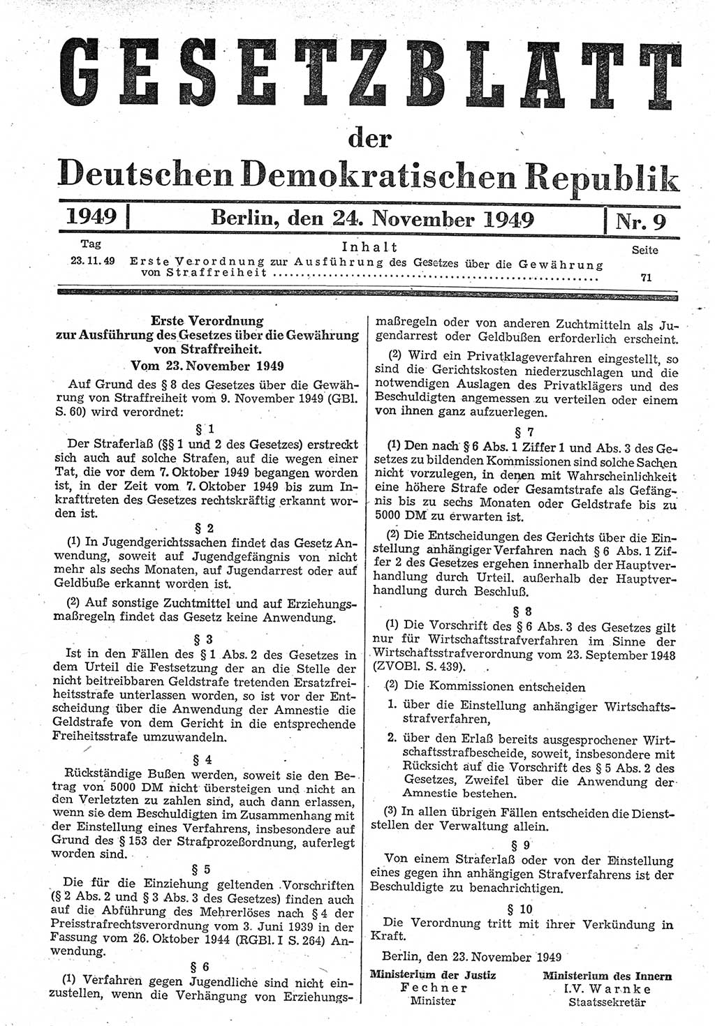 Gesetzblatt (GBl.) der Deutschen Demokratischen Republik (DDR) 1949, Seite 71 (GBl. DDR 1949, S. 71)