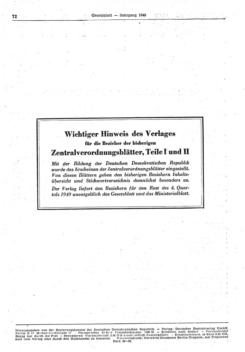 Gesetzblatt (GBl.) der Deutschen Demokratischen Republik (DDR) 1949, Seite 72 (GBl. DDR 1949, S. 72)