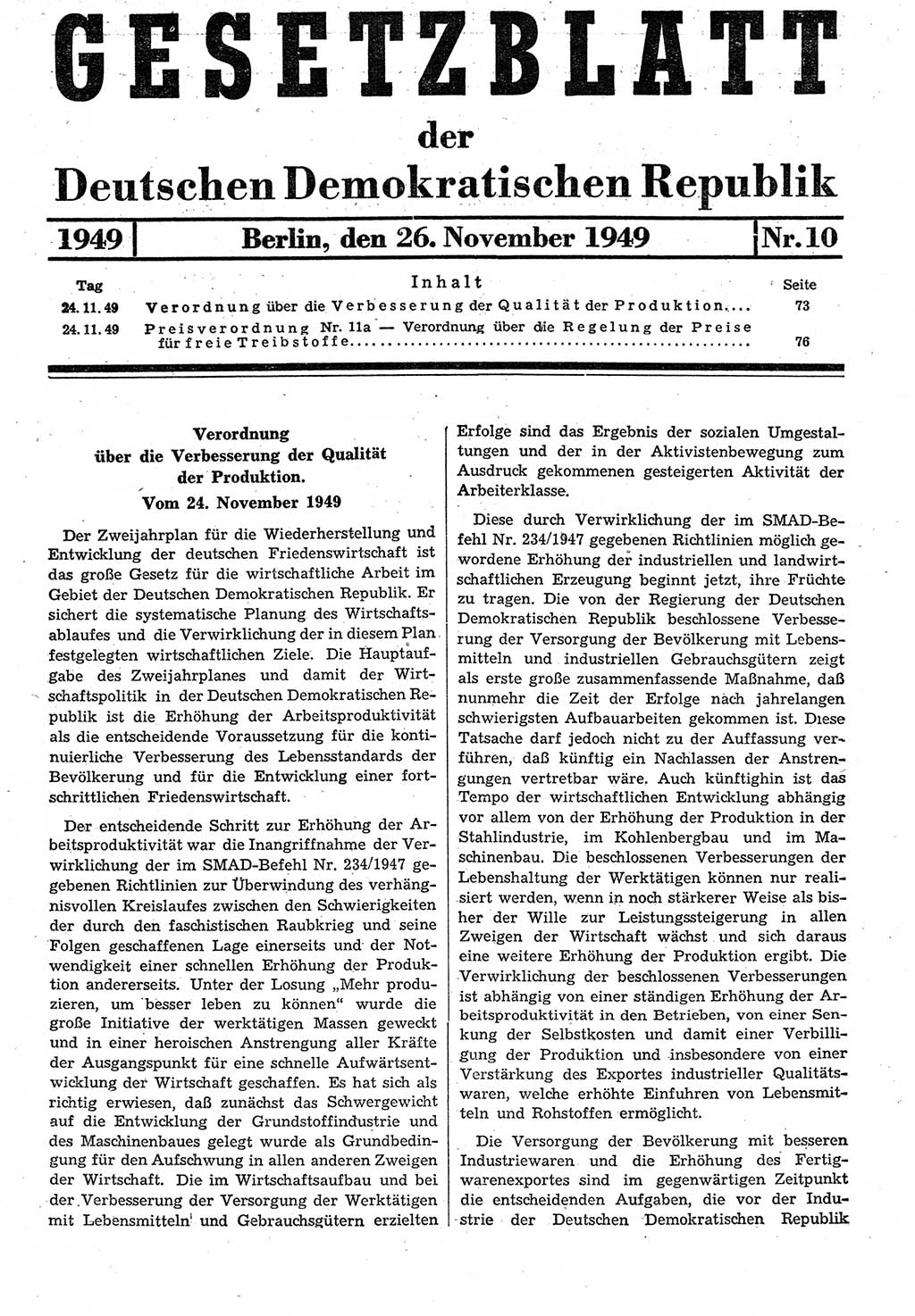 Gesetzblatt (GBl.) der Deutschen Demokratischen Republik (DDR) 1949, Seite 73 (GBl. DDR 1949, S. 73)
