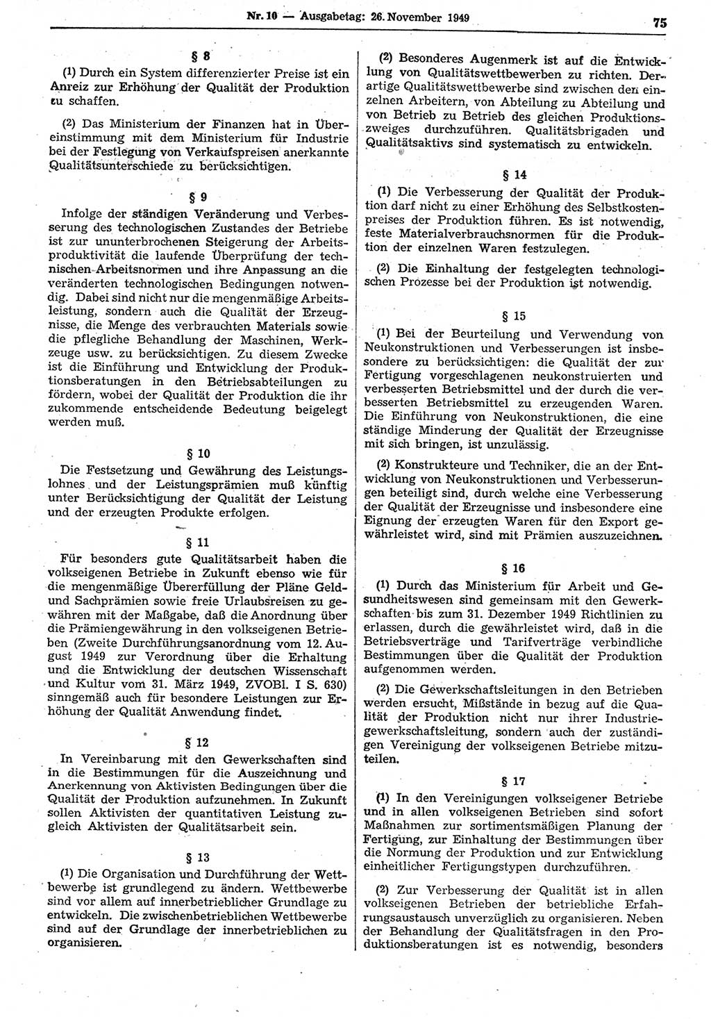 Gesetzblatt (GBl.) der Deutschen Demokratischen Republik (DDR) 1949, Seite 75 (GBl. DDR 1949, S. 75)