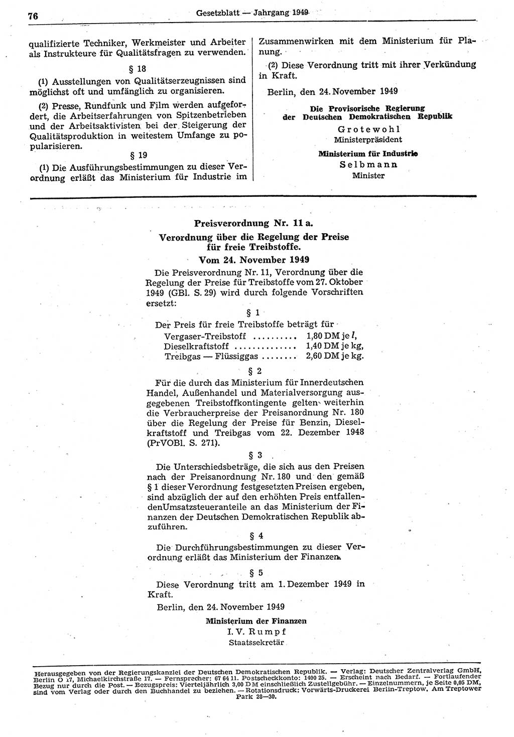 Gesetzblatt (GBl.) der Deutschen Demokratischen Republik (DDR) 1949, Seite 76 (GBl. DDR 1949, S. 76)