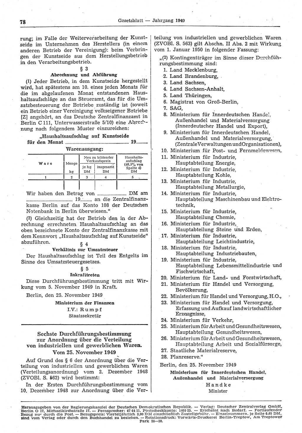 Gesetzblatt (GBl.) der Deutschen Demokratischen Republik (DDR) 1949, Seite 78 (GBl. DDR 1949, S. 78)