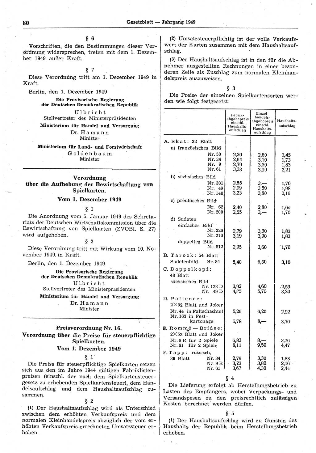 Gesetzblatt (GBl.) der Deutschen Demokratischen Republik (DDR) 1949, Seite 80 (GBl. DDR 1949, S. 80)