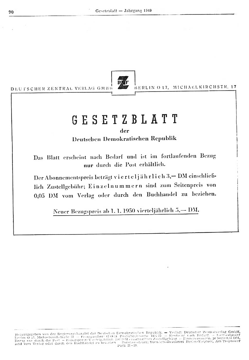 Gesetzblatt (GBl.) der Deutschen Demokratischen Republik (DDR) 1949, Seite 90 (GBl. DDR 1949, S. 90)