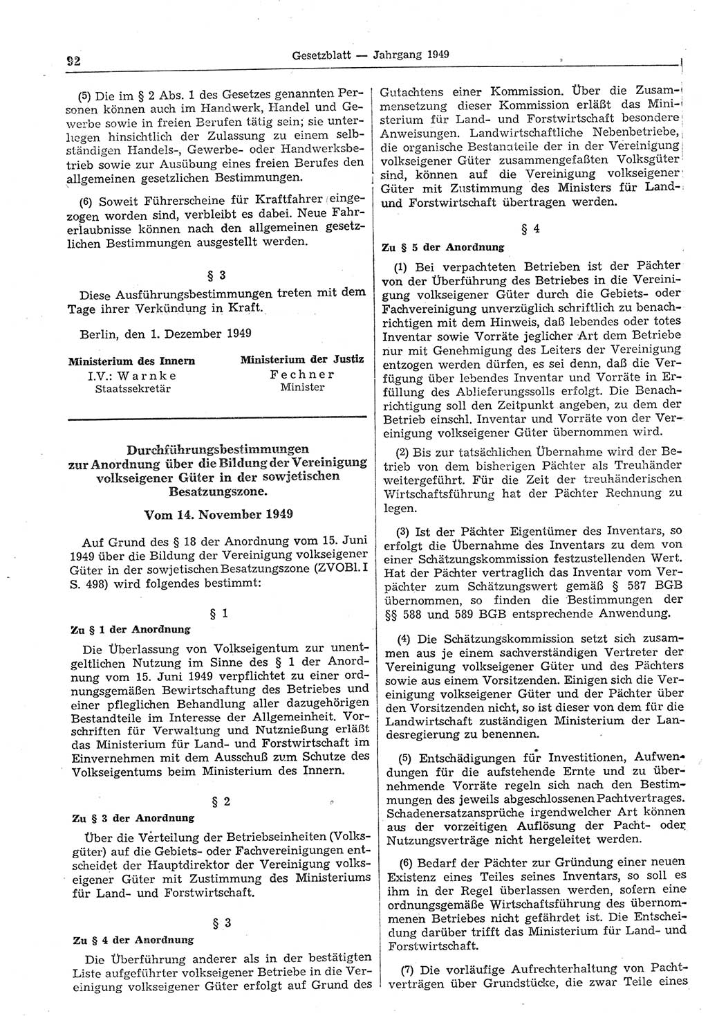 Gesetzblatt (GBl.) der Deutschen Demokratischen Republik (DDR) 1949, Seite 92 (GBl. DDR 1949, S. 92)