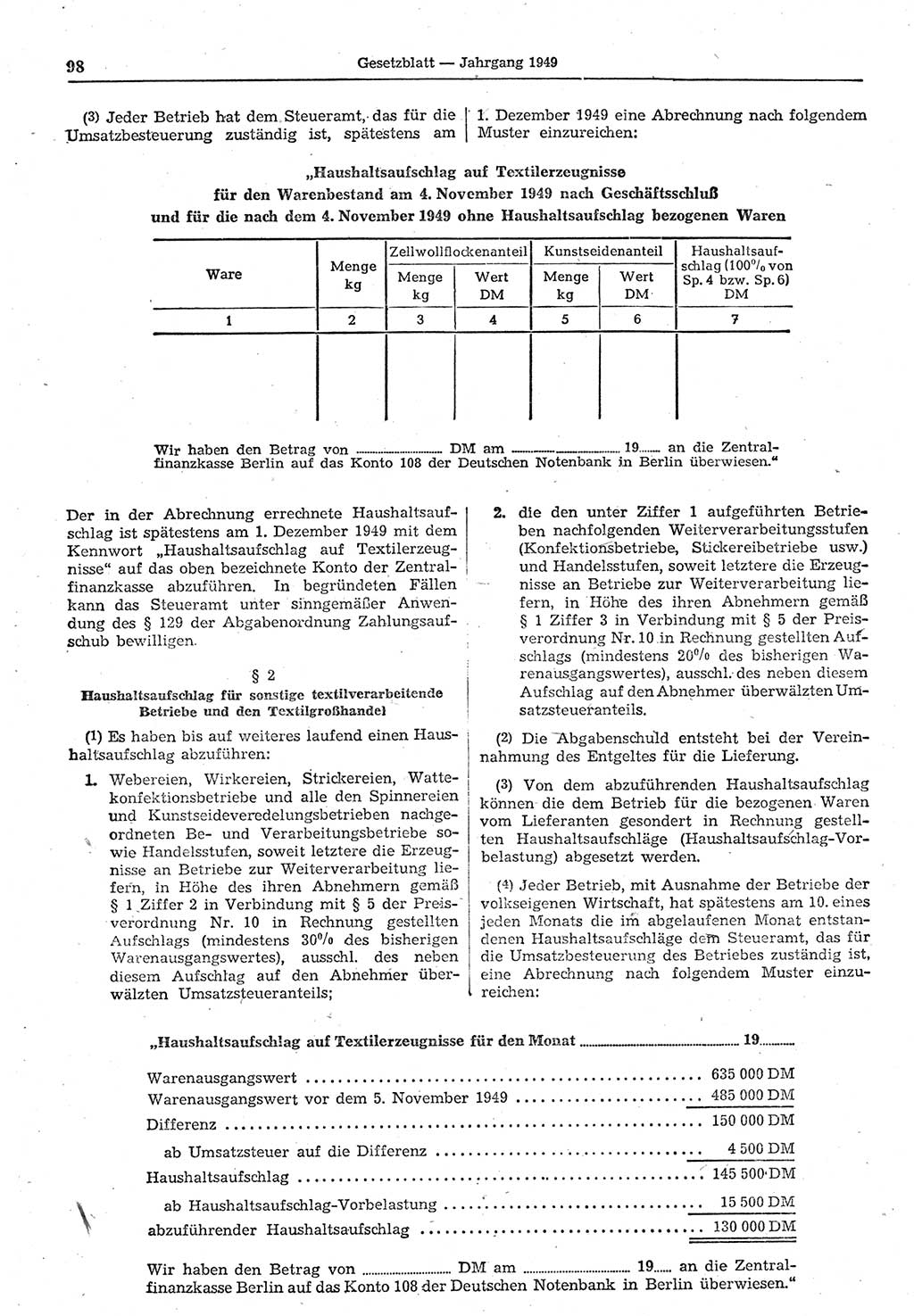 Gesetzblatt (GBl.) der Deutschen Demokratischen Republik (DDR) 1949, Seite 98 (GBl. DDR 1949, S. 98)