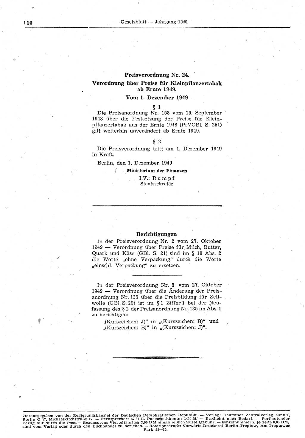 Gesetzblatt (GBl.) der Deutschen Demokratischen Republik (DDR) 1949, Seite 110 (GBl. DDR 1949, S. 110)
