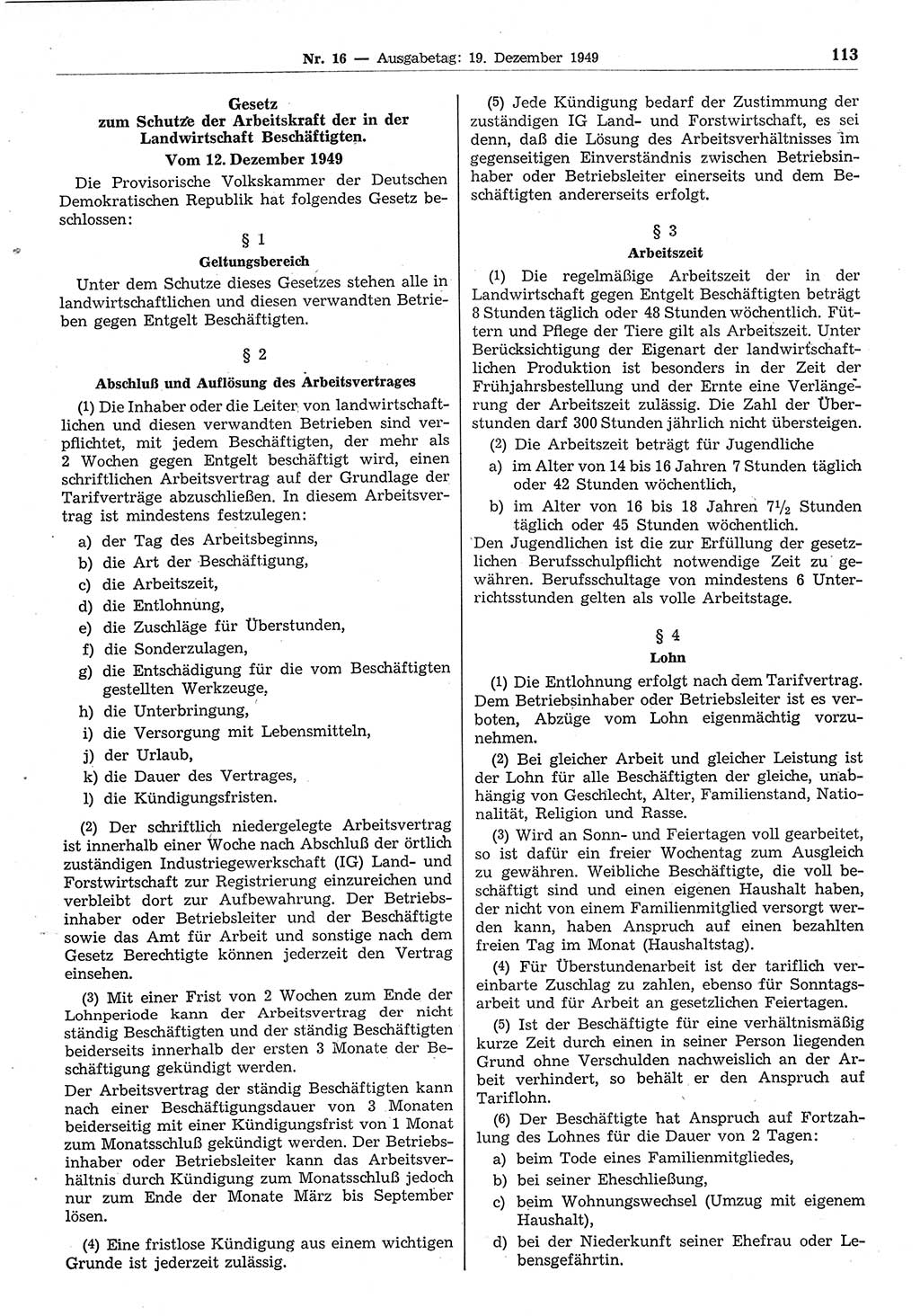 Gesetzblatt (GBl.) der Deutschen Demokratischen Republik (DDR) 1949, Seite 113 (GBl. DDR 1949, S. 113)