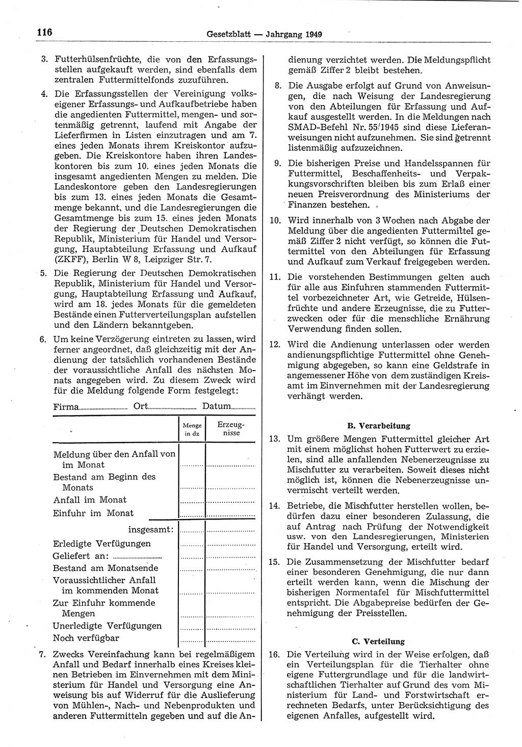 Gesetzblatt (GBl.) der Deutschen Demokratischen Republik (DDR) 1949, Seite 116 (GBl. DDR 1949, S. 116)