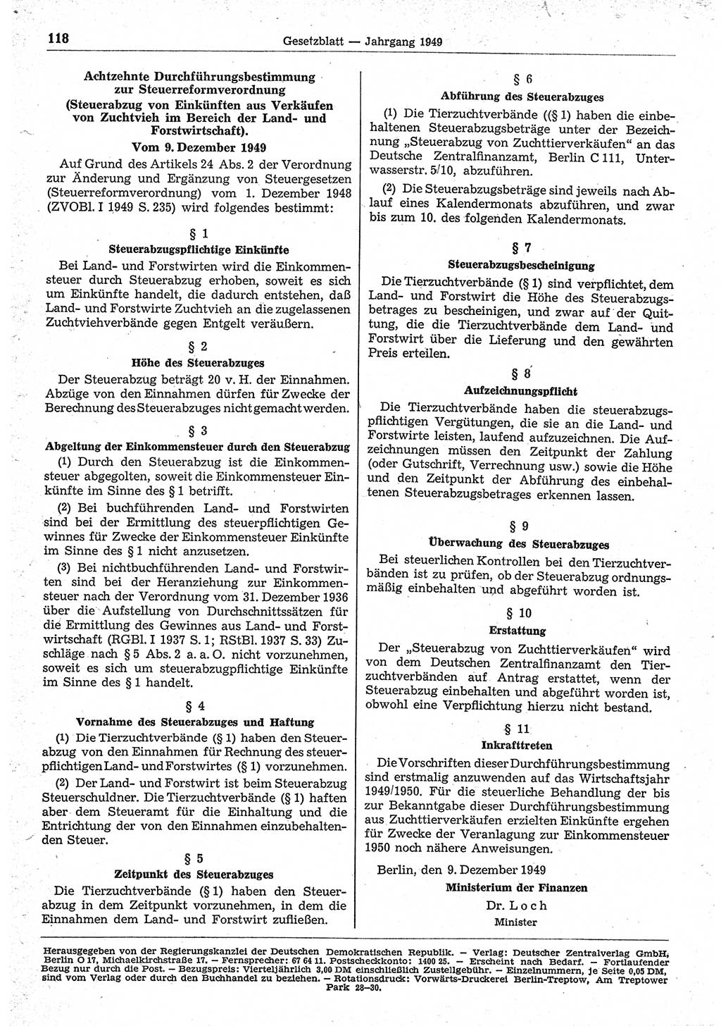 Gesetzblatt (GBl.) der Deutschen Demokratischen Republik (DDR) 1949, Seite 118 (GBl. DDR 1949, S. 118)