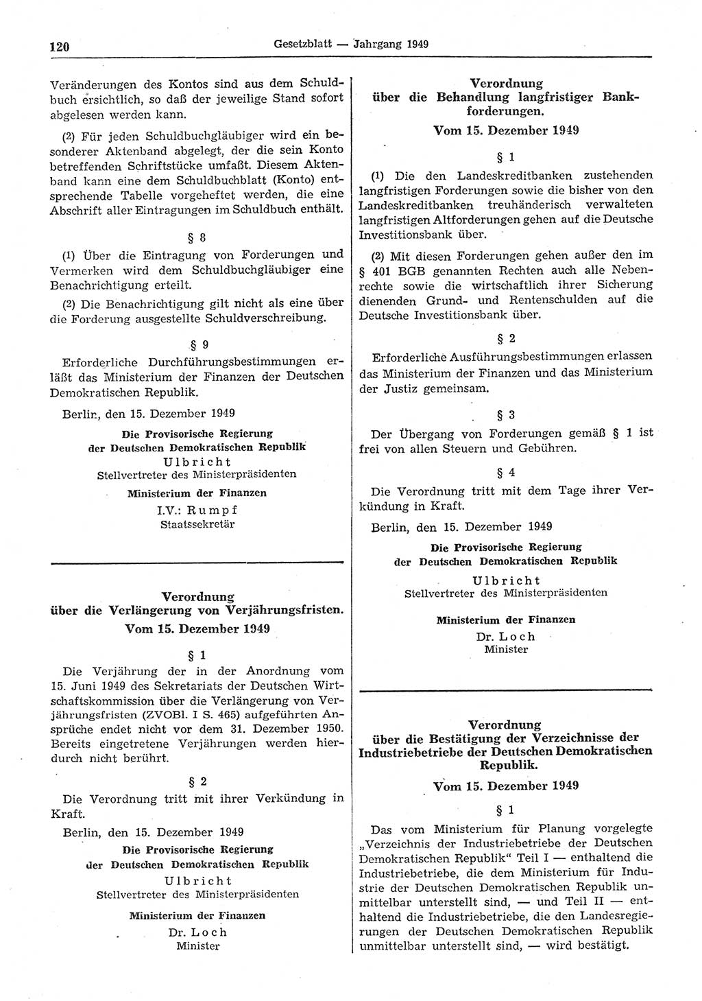 Gesetzblatt (GBl.) der Deutschen Demokratischen Republik (DDR) 1949, Seite 120 (GBl. DDR 1949, S. 120)