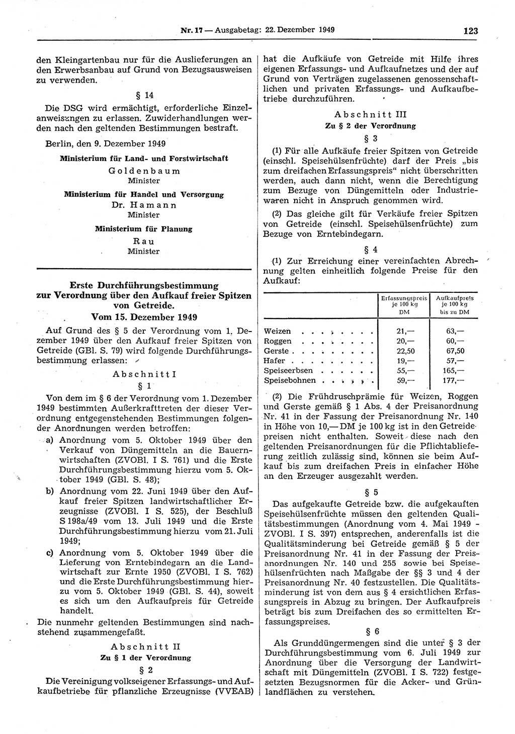 Gesetzblatt (GBl.) der Deutschen Demokratischen Republik (DDR) 1949, Seite 123 (GBl. DDR 1949, S. 123)