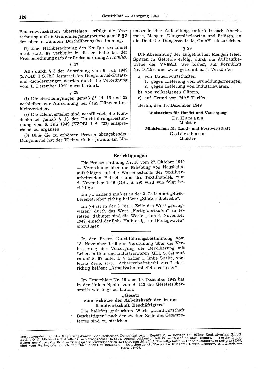 Gesetzblatt (GBl.) der Deutschen Demokratischen Republik (DDR) 1949, Seite 126 (GBl. DDR 1949, S. 126)