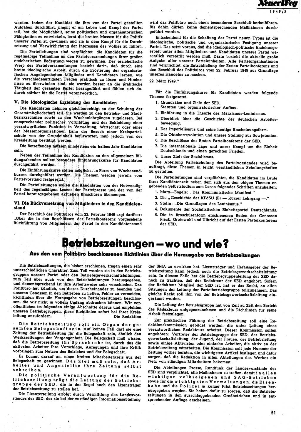 Neuer Weg (NW), Monatsschrift für aktuelle Fragen der Arbeiterbewegung [Parteivorstand (PV) Sozialistische Einheitspartei Deutschlands (SED)], 4. Jahrgang [Sowjetische Besatzungszone (SBZ) Deutschlands, Deutsche Demokratische Republik (DDR)] 1949, Heft 5/31 (NW PV SED SBZ Dtl. DDR 1949, H. 5/31)