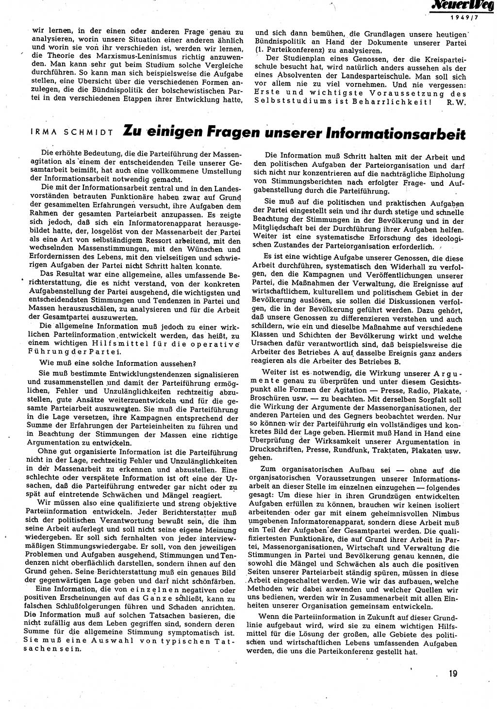 Neuer Weg (NW), Monatsschrift für aktuelle Fragen der Arbeiterbewegung [Parteivorstand (PV) Sozialistische Einheitspartei Deutschlands (SED)], 4. Jahrgang [Sowjetische Besatzungszone (SBZ) Deutschlands, Deutsche Demokratische Republik (DDR)] 1949, Heft 7/19 (NW PV SED SBZ Dtl. DDR 1949, H. 7/19)