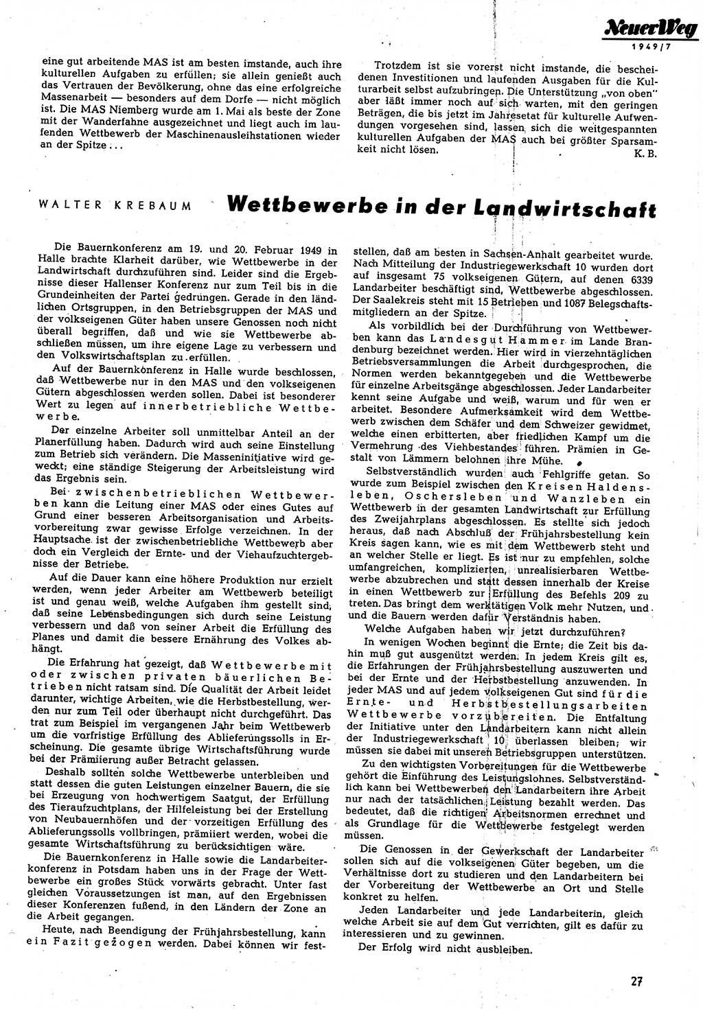 Neuer Weg (NW), Monatsschrift für aktuelle Fragen der Arbeiterbewegung [Parteivorstand (PV) Sozialistische Einheitspartei Deutschlands (SED)], 4. Jahrgang [Sowjetische Besatzungszone (SBZ) Deutschlands, Deutsche Demokratische Republik (DDR)] 1949, Heft 7/27 (NW PV SED SBZ Dtl. DDR 1949, H. 7/27)