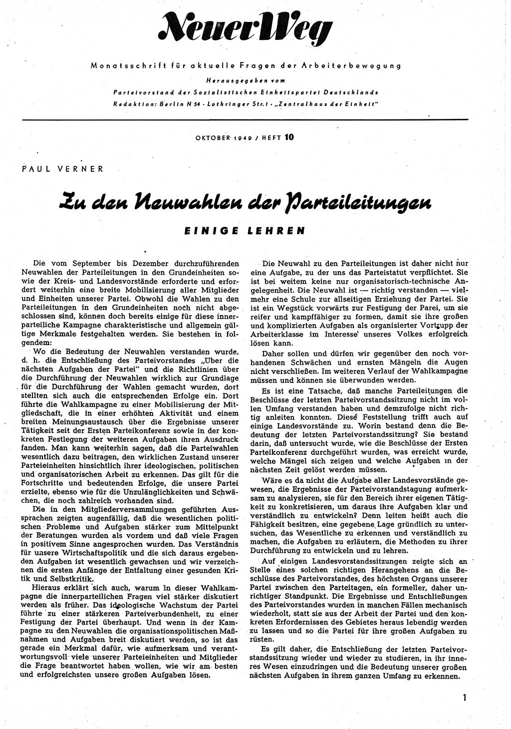 Neuer Weg (NW), Monatsschrift für aktuelle Fragen der Arbeiterbewegung [Parteivorstand (PV) Sozialistische Einheitspartei Deutschlands (SED)], 4. Jahrgang [Sowjetische Besatzungszone (SBZ) Deutschlands, Deutsche Demokratische Republik (DDR)] 1949, Heft 10/1 (NW PV SED SBZ Dtl. DDR 1949, H. 10/1)