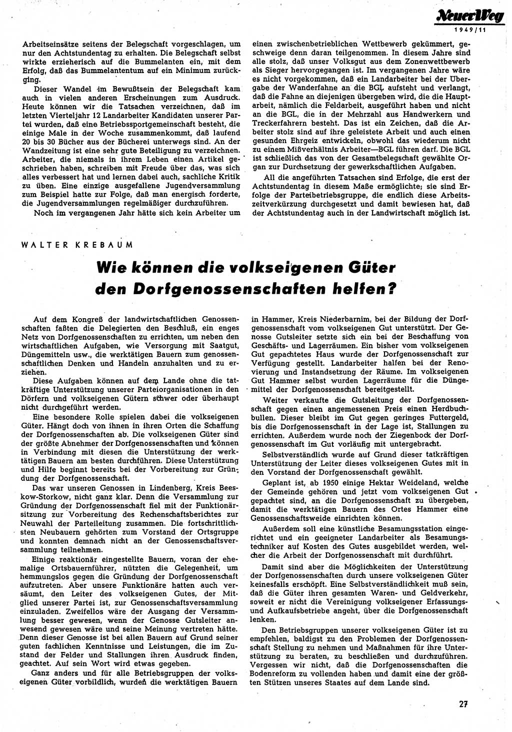 Neuer Weg (NW), Monatsschrift für aktuelle Fragen der Arbeiterbewegung [Parteivorstand (PV) Sozialistische Einheitspartei Deutschlands (SED)], 4. Jahrgang [Sowjetische Besatzungszone (SBZ) Deutschlands, Deutsche Demokratische Republik (DDR)] 1949, Heft 11/27 (NW PV SED SBZ Dtl. DDR 1949, H. 11/27)
