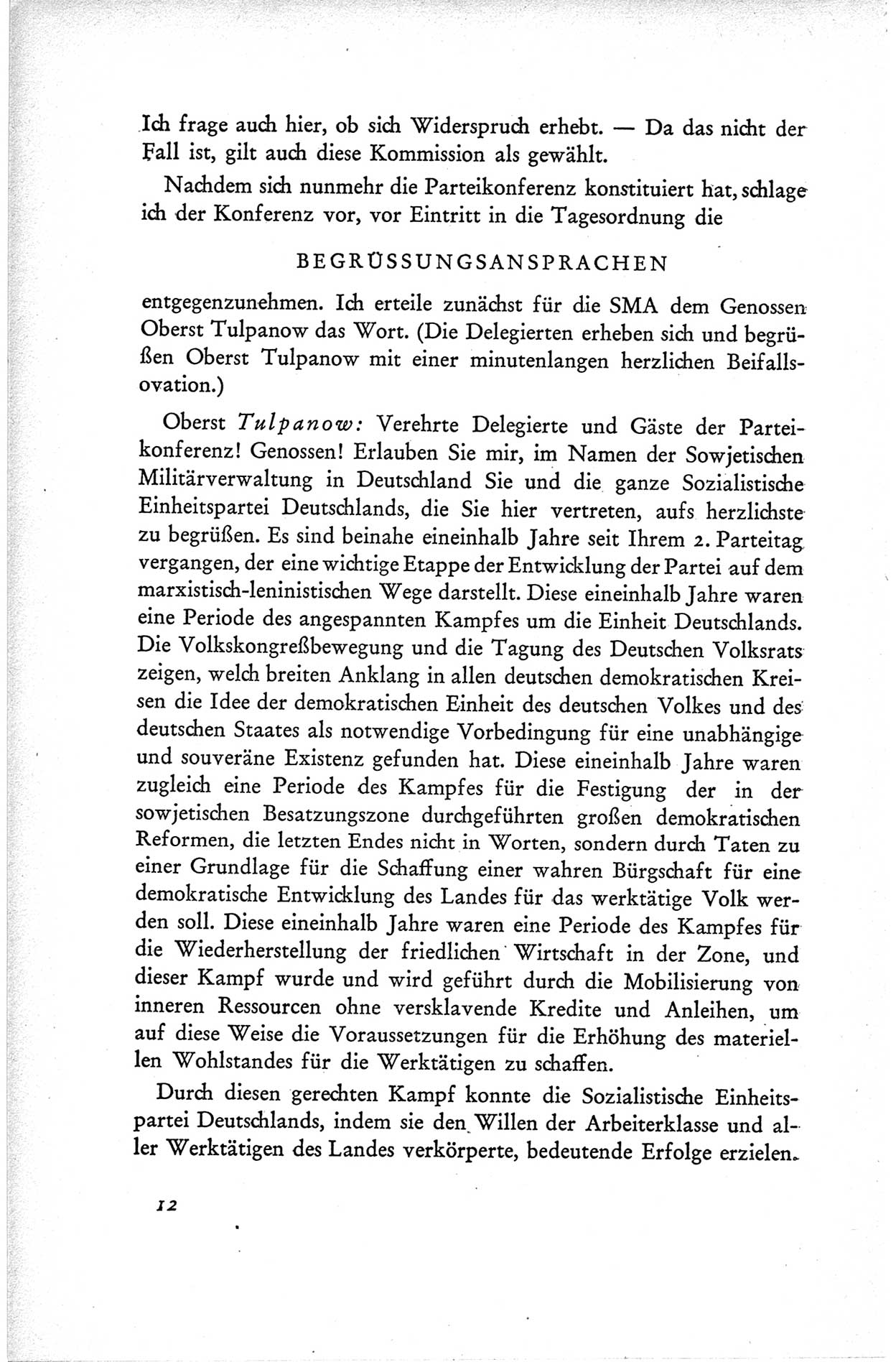 Protokoll der ersten Parteikonferenz der Sozialistischen Einheitspartei Deutschlands (SED) [Sowjetische Besatzungszone (SBZ) Deutschlands] vom 25. bis 28. Januar 1949 im Hause der Deutschen Wirtschaftskommission zu Berlin, Seite 12 (Prot. 1. PK SED SBZ Dtl. 1949, S. 12)