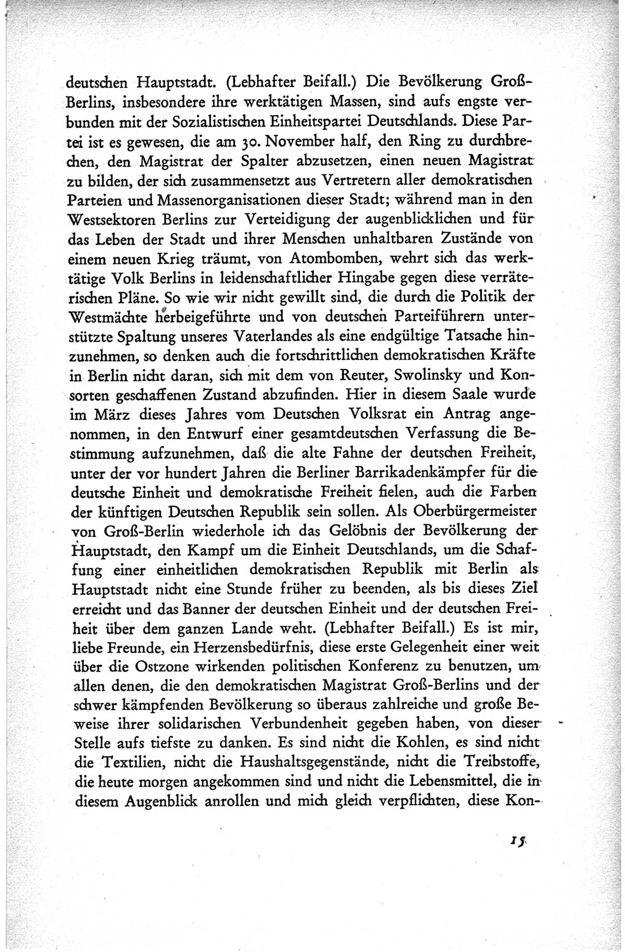 Protokoll der ersten Parteikonferenz der Sozialistischen Einheitspartei Deutschlands (SED) [Sowjetische Besatzungszone (SBZ) Deutschlands] vom 25. bis 28. Januar 1949 im Hause der Deutschen Wirtschaftskommission zu Berlin, Seite 15 (Prot. 1. PK SED SBZ Dtl. 1949, S. 15)