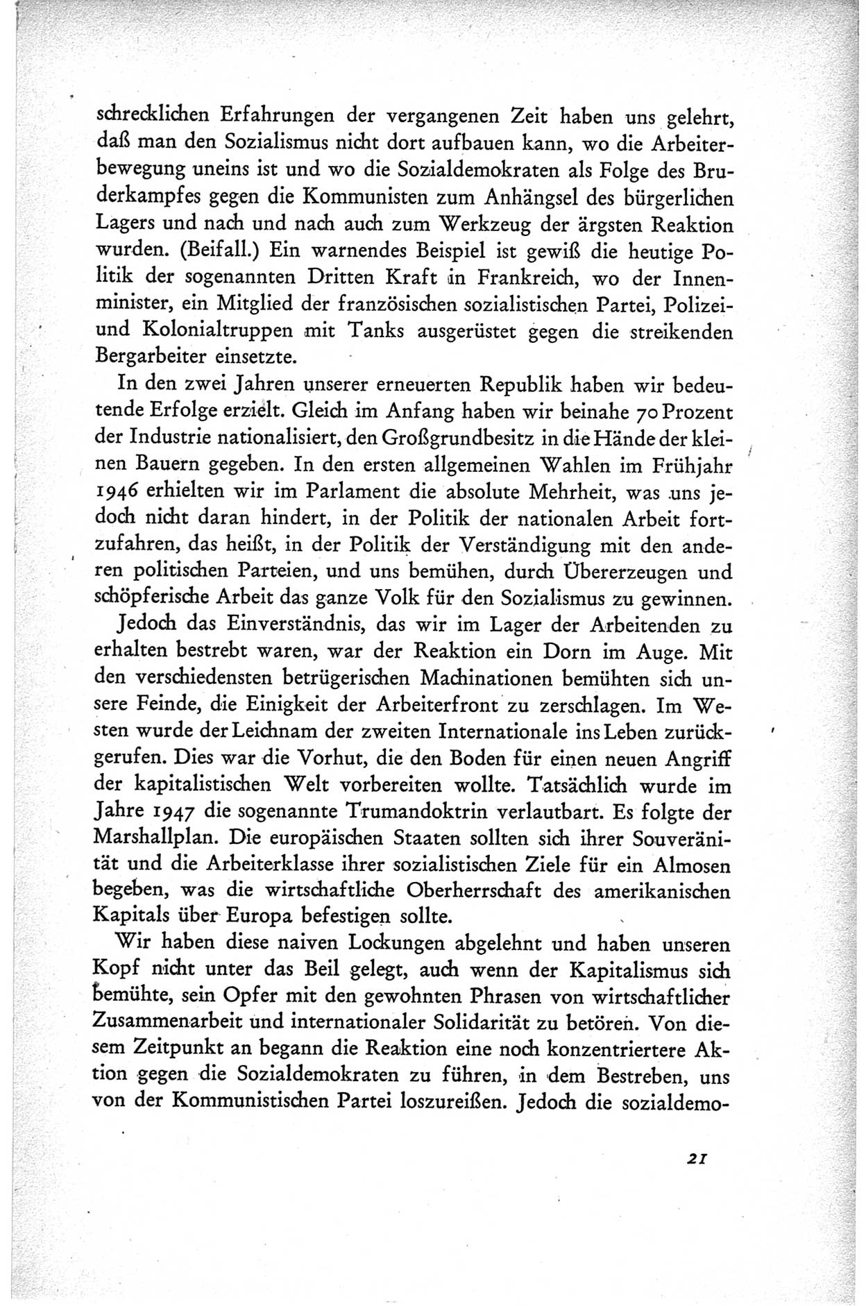 Protokoll der ersten Parteikonferenz der Sozialistischen Einheitspartei Deutschlands (SED) [Sowjetische Besatzungszone (SBZ) Deutschlands] vom 25. bis 28. Januar 1949 im Hause der Deutschen Wirtschaftskommission zu Berlin, Seite 21 (Prot. 1. PK SED SBZ Dtl. 1949, S. 21)