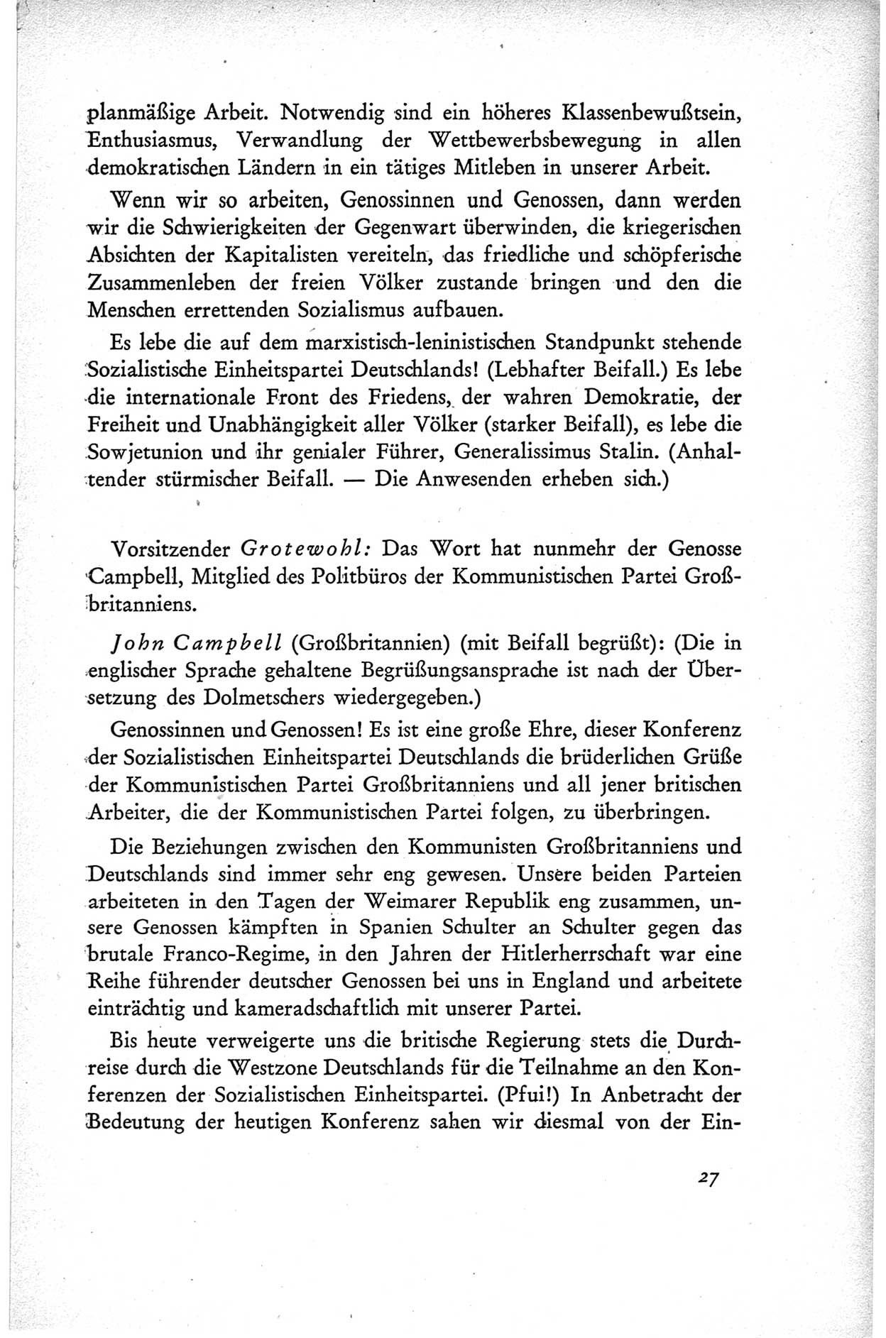 Protokoll der ersten Parteikonferenz der Sozialistischen Einheitspartei Deutschlands (SED) [Sowjetische Besatzungszone (SBZ) Deutschlands] vom 25. bis 28. Januar 1949 im Hause der Deutschen Wirtschaftskommission zu Berlin, Seite 27 (Prot. 1. PK SED SBZ Dtl. 1949, S. 27)