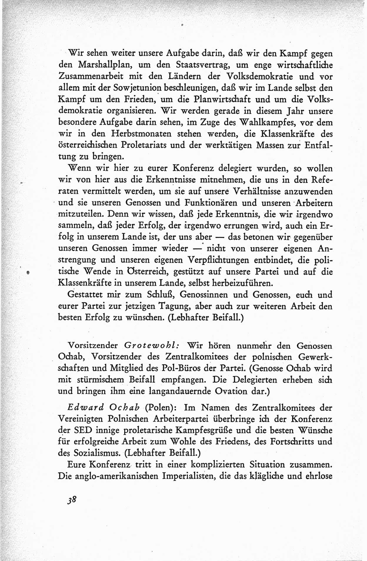Protokoll der ersten Parteikonferenz der Sozialistischen Einheitspartei Deutschlands (SED) [Sowjetische Besatzungszone (SBZ) Deutschlands] vom 25. bis 28. Januar 1949 im Hause der Deutschen Wirtschaftskommission zu Berlin, Seite 38 (Prot. 1. PK SED SBZ Dtl. 1949, S. 38)